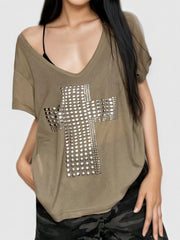 CTRL WORLD Riot Saint Slouch Off-Shoulder Studded Cross T-Shirt