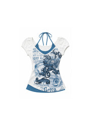 CTRL WORLD Celestial Script Layered Halter Short Sleeve Top