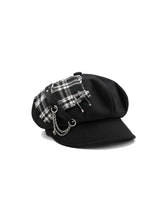 CTRL WORLD Black Beret with Plaid Detail and Chain Accents