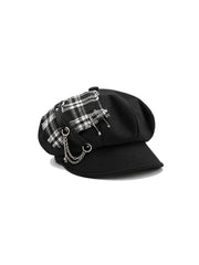 CTRL WORLD Black Beret with Plaid Detail and Chain Accents