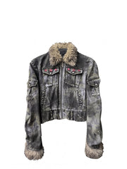CTRL WORLD Vintage Distressed Fur Collar Rivet Jacket