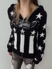 CTRL WORLD Gothic Starburst Fuzzy Knit Zip-Up Hooded Sweater