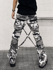 CTRL WORLD Vintage Camo Panel Double-Waist Strap Flare Jeans