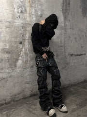 CTRL WORLD Gothic Waxed Distressed Stacked Flare Jeans