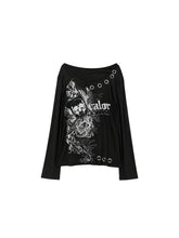 CTRL WORLD Black Skull Print Long Sleeve T-Shirt with Ring Detail