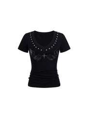 CTRL WORLD Studded V-neck T-shirt with Wings