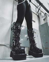 Gothic Buckle Spike Platform Mid-Calf Boots