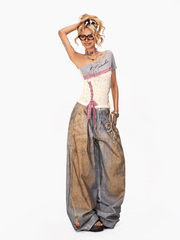 Asymmetric Lace Patchwork One-Shoulder Top