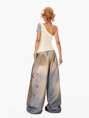 Asymmetric Lace Patchwork One-Shoulder Top