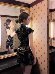 CTRL WORLD Floral Embroidered Velvet Cheongsam