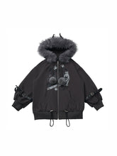 CTRL WORLD Gothic Wolf Graphic Faux Fur Hooded Zip Jacket