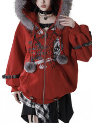 CTRL WORLD Gothic Wolf Graphic Faux Fur Hooded Zip Jacket