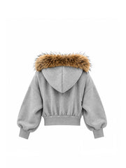 CTRL WORLD Ash Gray Faux Fur Hooded Cropped Zip-Up Hoodie