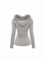 CTRL WORLD Gothic Fur-Trim Ribbed Hooded Top