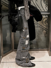CTRL WORLD Industrial Distressed Multi-Buckle Flared Jeans