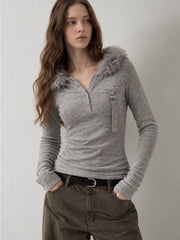 CTRL WORLD Gothic Fur-Trim Ribbed Hooded Top