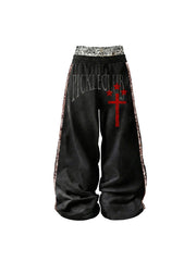 CTRL WORLD Black Distressed Sweatpants with Leopard Print Detail