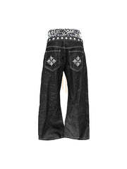 CTRL WORLD Leopard Waist Laced Wide-Leg Denim Pants