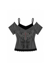 CTRL WORLD Silver Wing Cross Off Shoulder Faux Two-Piece Top