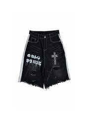 CTRL WORLD Black Devil Graphic Distressed Denim Jorts