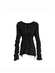 CTRL WORLD Distressed Lace-Up Gothic Long Sleeve Top