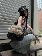 CTRL WORLD Gothic Faux Fur Studded Shoulder Bag