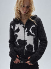 CTRL WORLD Gothic Unicorn Graphic Fuzzy Zip-Up Hoodie