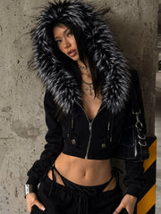 CTRL WORLD Gothic Faux Fur Hood Cropped Zip-Up Hoodie