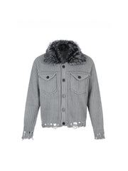 CTRL WORLD Gothic Distressed Knit Faux Fur Collar Jacket