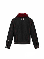 CTRL WORLD Crimson Reaper Faux Fur Collar Distressed Black Denim Jacket