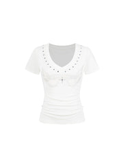 CTRL WORLD Studded V-neck T-shirt with Wings