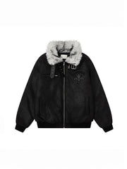 CTRL WORLD Shadow Crest Faux Fur Collar Suede Padded Bomber Jacket