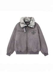 CTRL WORLD Shadow Crest Faux Fur Collar Suede Padded Bomber Jacket