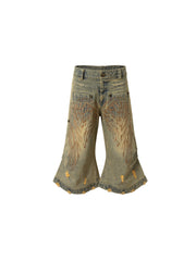 CTRL WORLD Vintage Wing Embroidery Wide-Leg Denim Jorts