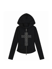 CTRL WORLD Iron Cathedral Studded Cross Ribbed Zip Hoodie