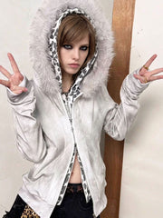 CTRL WORLD Skull Riot Faux Fur Hood Zip Hoodie