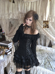 CTRL WORLD Midnight Gothic Lace Corset Top Black Ruffle Long Sleeve