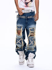 CTRL WORLD Phantom Riot Studded Distressed Wide Leg Jeans