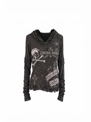 CTRL WORLD Distressed Washed Graphic Hoodie Long Sleeve Top