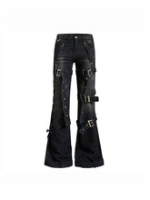 CTRL WORLD Punk Washed Buckle-Strap Flared Denim Jeans