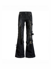 CTRL WORLD Punk Washed Buckle-Strap Flared Denim Jeans