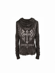 CTRL WORLD Distressed Washed Graphic Hoodie Long Sleeve Top