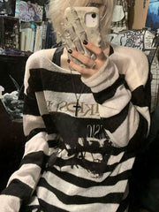 CTRL WORLD Shadow Eclipse Striped Graphic Knit Sweater