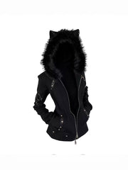 CTRL WORLD Midnight Feral Cat-Ear Faux Fur Hood Zip Jacket