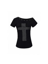 CTRL WORLD Rhinestone Cross Asymmetric Shoulder T-Shirt