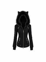 CTRL WORLD Midnight Feral Cat-Ear Faux Fur Hood Zip Jacket