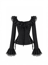 CTRL WORLD Midnight Gothic Lace Corset Top Black Ruffle Long Sleeve