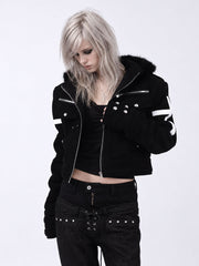 CTRL WORLD Cross Graphic Suede Shearling Hooded Short Sweatshirt