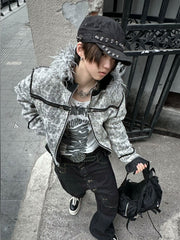 CTRL WORLD Cracked Leather Fur Hood Puffer Jacket