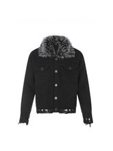 CTRL WORLD Gothic Distressed Knit Faux Fur Collar Jacket